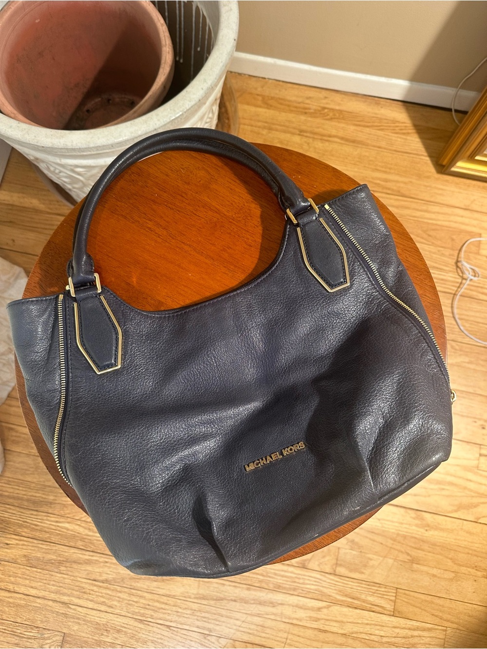Michael Kors Navy Leather Shoulder Hobo with Gold Hardware